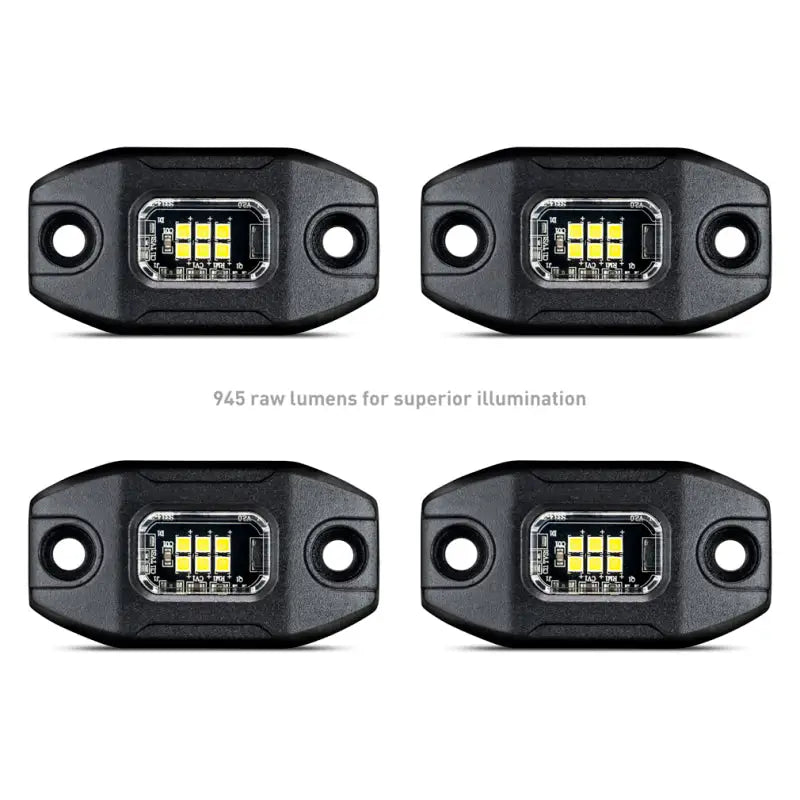 Four black LED rock lights with long harness for off-road RV parts & accessories