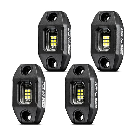 Four black LED rock lights with short harness for off-road RV parts & accessories