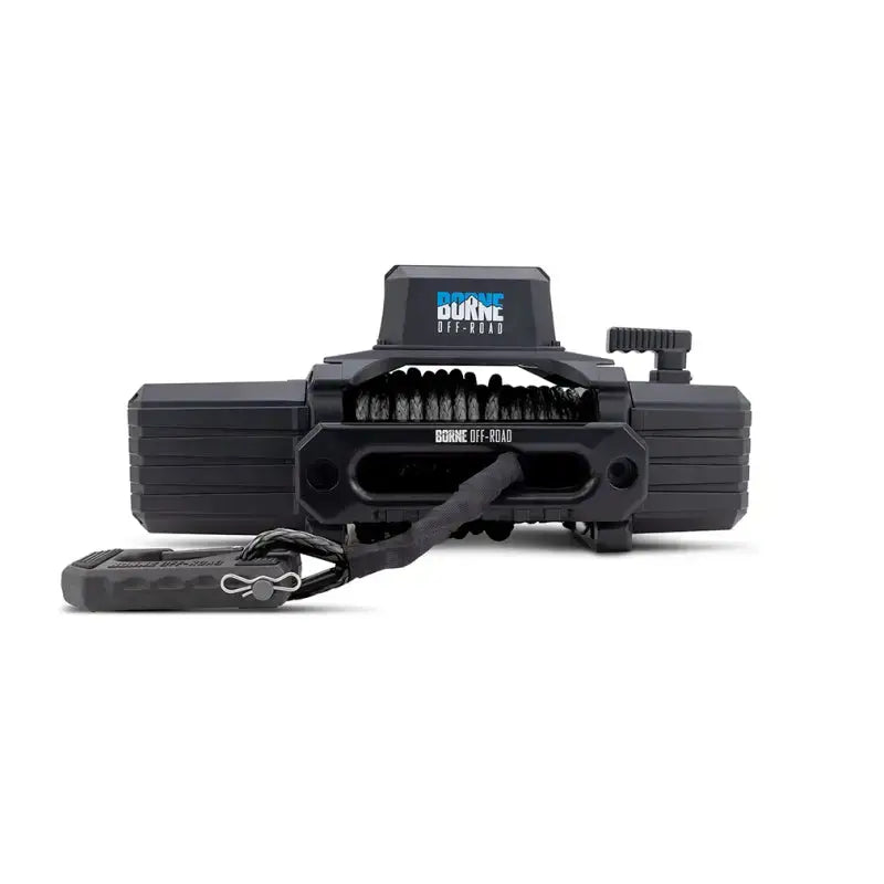 Black electric winch with black synthetic rope for off-road adventures