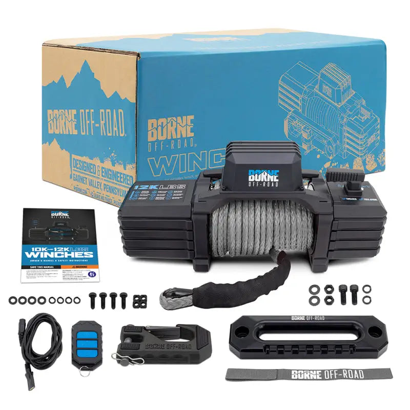 Borne Off-Road 12k winch with grey synthetic rope and rugged housing