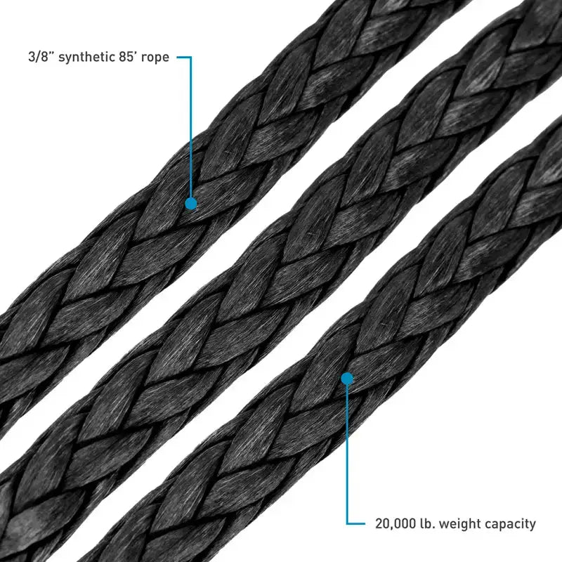 Braided black synthetic rope 8in x 85ft for RV parts & accessories, off-road use