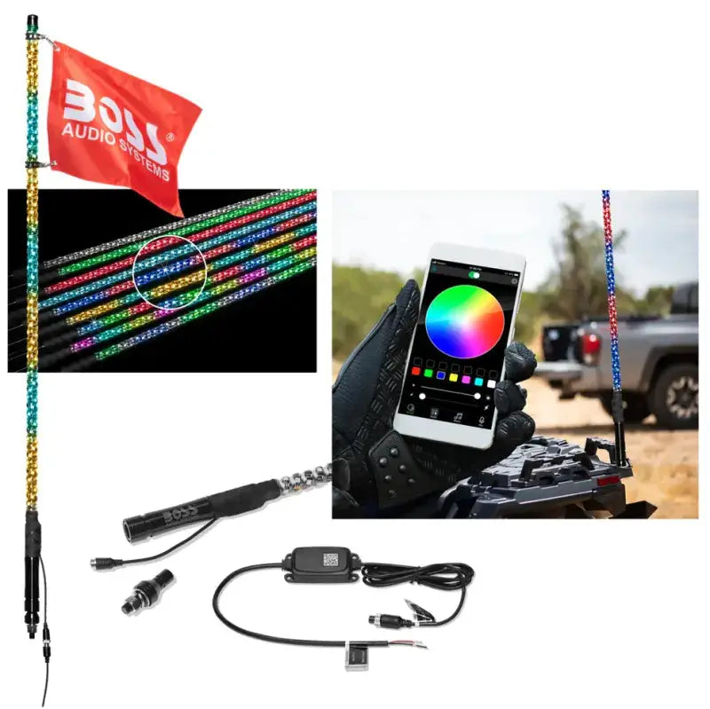 Illuminated ATV whip antenna with remote control for Boss Audio Systems off-road vehicles