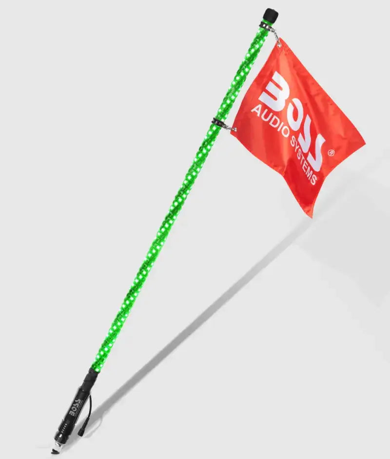 Boss Audio Systems ATV whip with green LED light and red flag for outdoor fun