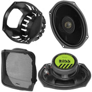 Black Boss Audio Systems Harley Davidson saddlebag speaker kit with four speakers and accessories