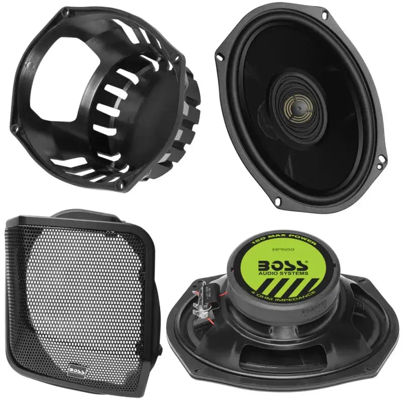 Black Boss Audio Systems Harley Davidson saddlebag speaker kit with four speakers and accessories