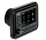 Black marine gauge receiver with 5in touchscreen, physical buttons, and rotary knob