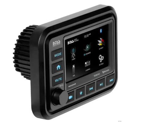 Black marine gauge receiver with 5in touchscreen, physical buttons, and rotary knob