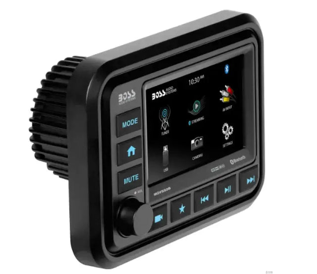 Black marine gauge receiver with 5in touchscreen, physical buttons, and rotary knob