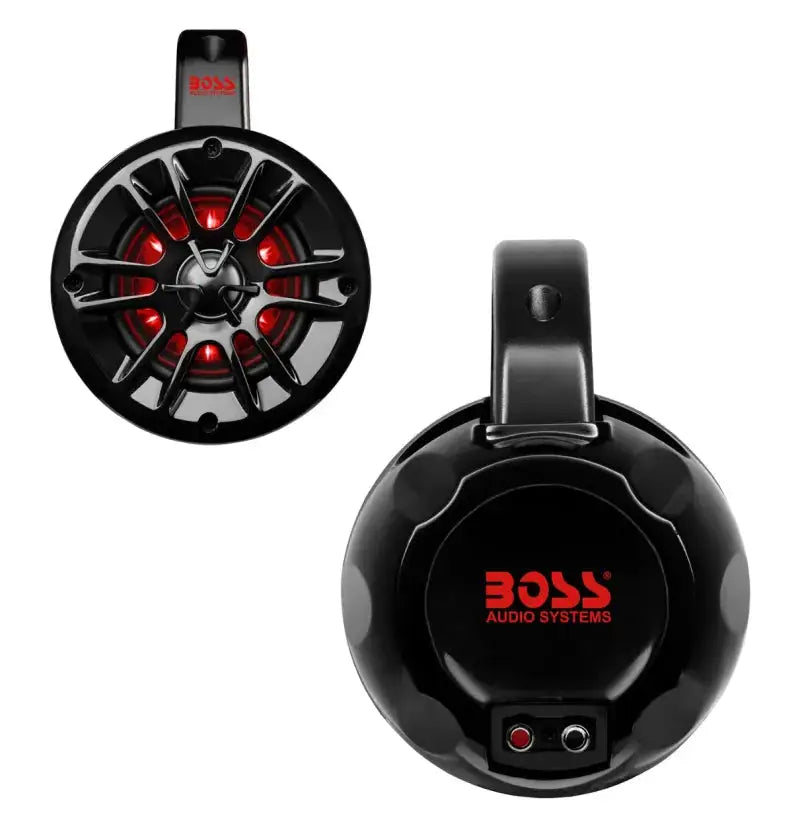 Black Boss Audio Systems marine waketower speakers with red LED lights, 400W pair