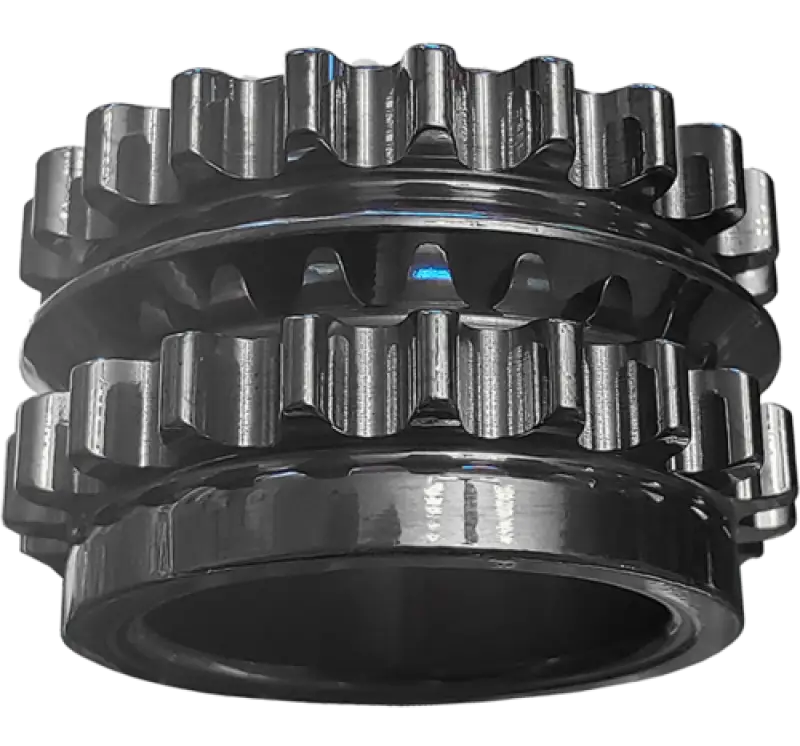 Shiny metal gear assembly for Ford Coyote billet crankshaft timing sprocket on V8