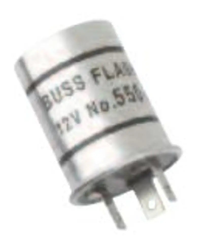 Silver cylindrical Bussmann heavy duty flasher with two prongs for tough electrical setups