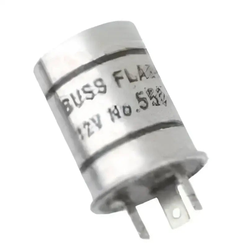 Cylindrical metal Bussmann heavy duty flasher with 3 prongs for reliable flashing
