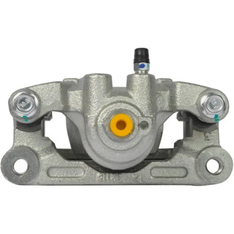 Silver brake caliper OE replacement with yellow and black fittings and installation hardware
