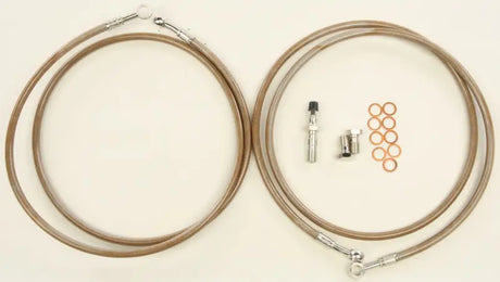 Motorcycle brake line kit with stainless steel lines for improved braking performance and clear cover