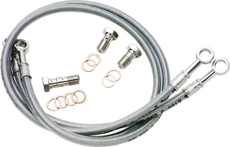 Coiled stainless steel brake line for Silver Kawasaki with banjo fittings and lifetime warranty