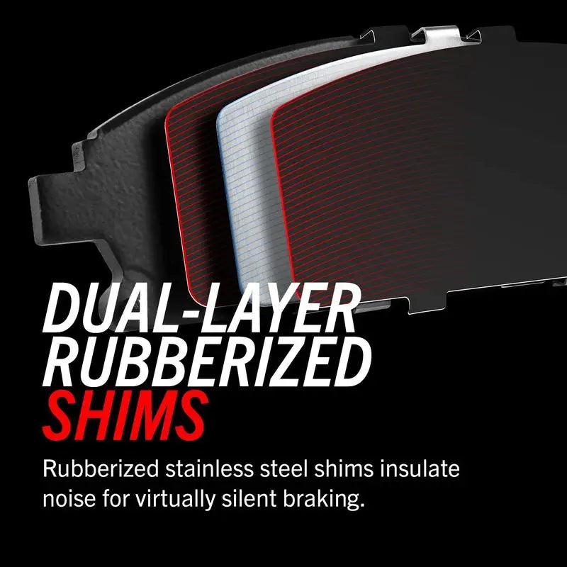 Dual-layer rubberized brake shims for ceramic brake pads enhancing brake performance