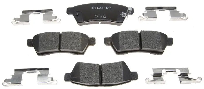 Car brake pad OE replacement with mounting hardware and ceramic brake pad shown