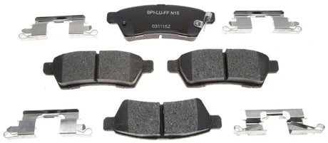 Car brake pad OE replacement with mounting hardware and ceramic brake pad shown