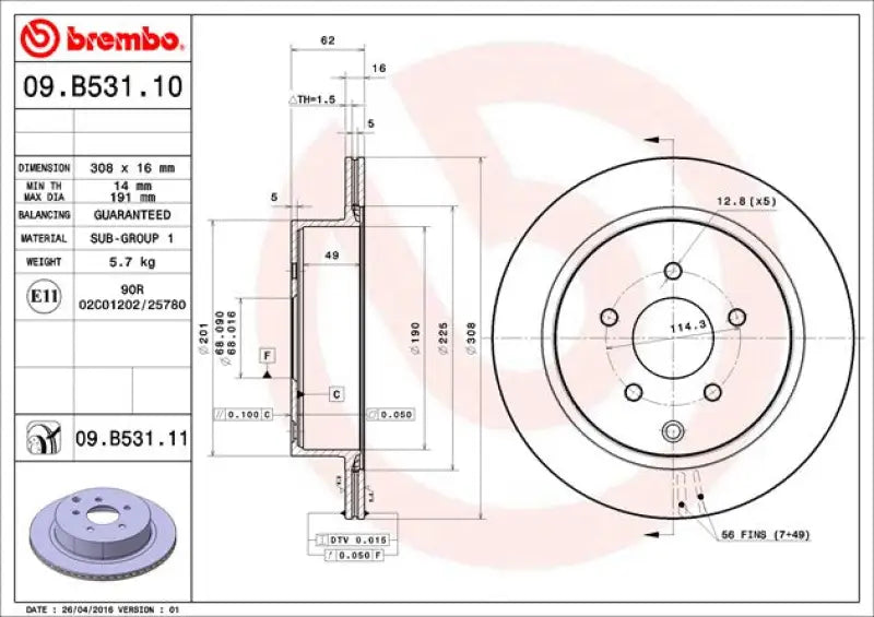 Technical drawing of Brembo brake rotor in cast iron with piece design and vented style