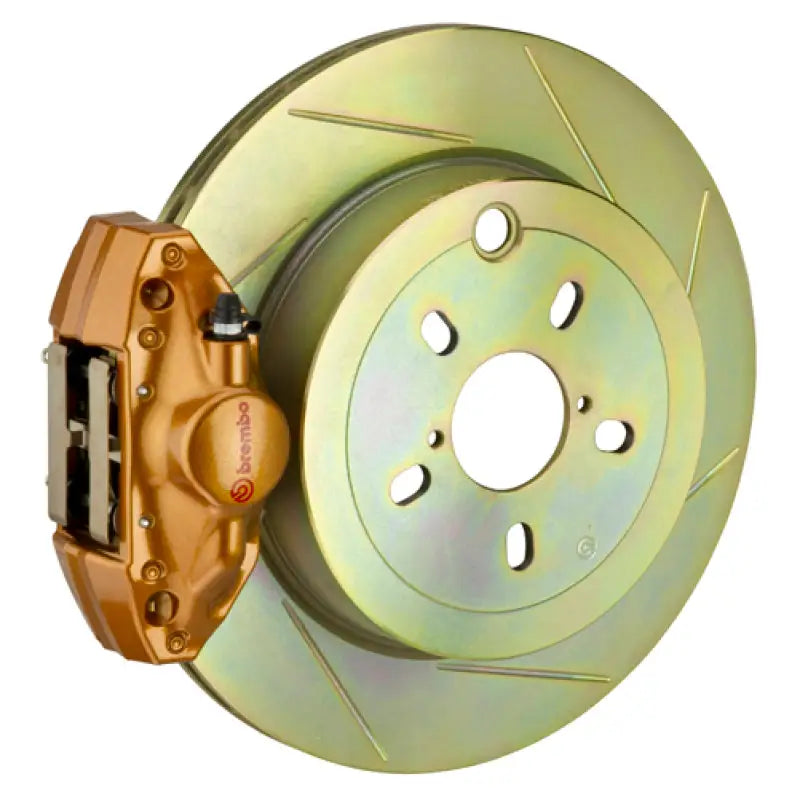 Gold-colored Brembo WRX Rear GT BBK slotted type1 brake rotor and caliper