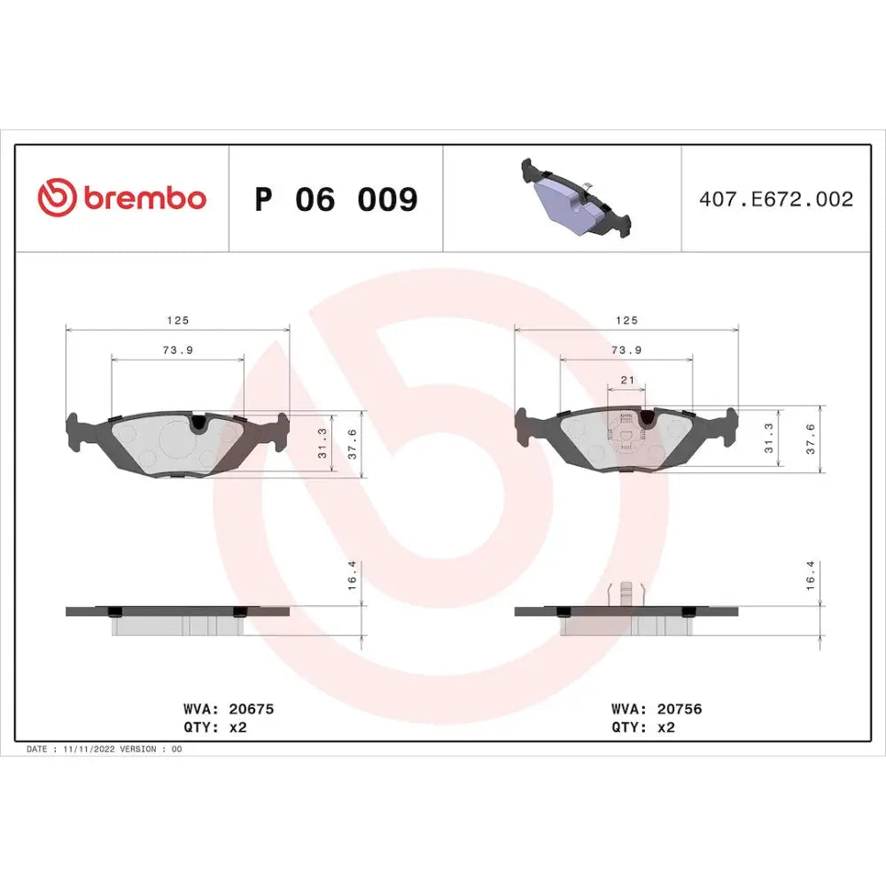 Brembo Premium Low-Met OE Equivalent Pad Brake Pad P06009 - Disc Set