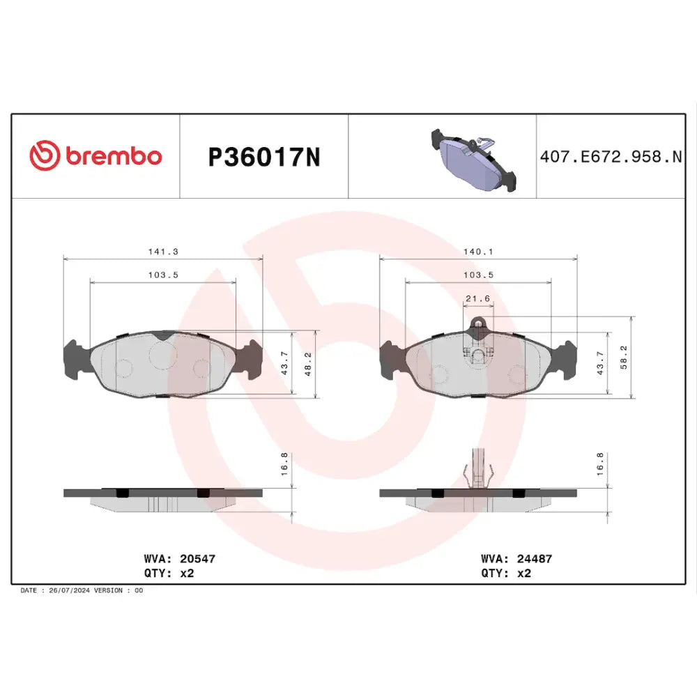 Brembo Premium Low-Met OE Equivalent Pad Brake Pad P36017N - Disc Set