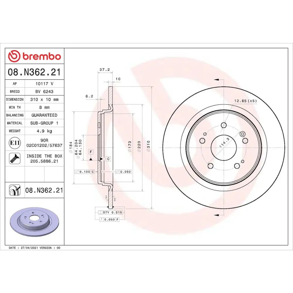 Brembo Rust-Resistant Coating Brake Rotor 08N36221C02 - Disc