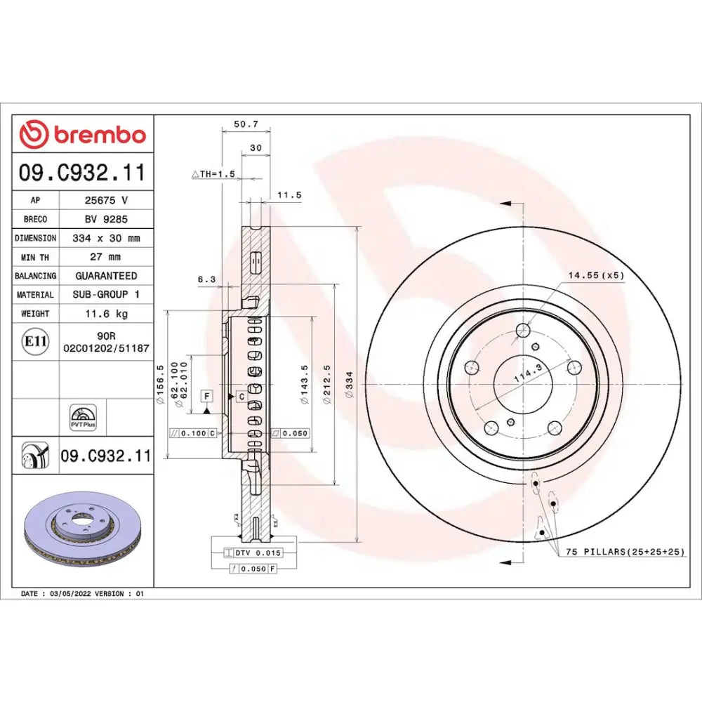 Brembo Rust-Resistant Coating Brake Rotor 09.C932.11 - Discbrakerotor Venteddisc