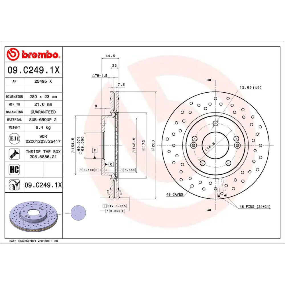 Brembo Suitable For High Performance Brake Rotor 09.C249.1X - Discbrakerotor Venteddisc