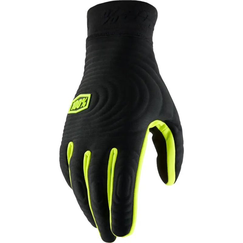 Black and fluo yellow Brisker Xtreme Gloves by Shopify, designed for RV, automotive, powersports, off-road, marine enthusiasts; featuring insulated soft-shell, moisture-wicking interior, silicone printed palm for grip, extended cuff for coverage, and tech thread for digital connectivity.
