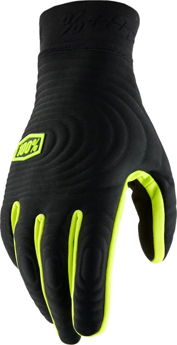 Black and fluo yellow Brisker Xtreme Gloves by Shopify, designed for RV, automotive, powersports, off-road, marine enthusiasts; featuring insulated soft-shell, moisture-wicking interior, silicone printed palm for grip, extended cuff for coverage, and tech thread for digital connectivity.