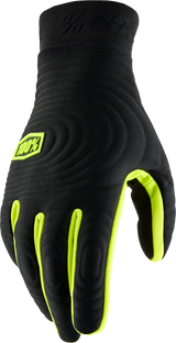 Black and fluo yellow Brisker Xtreme Gloves by Shopify, designed for RV, automotive, powersports, off-road, marine enthusiasts; featuring insulated soft-shell, moisture-wicking interior, silicone printed palm for grip, extended cuff for coverage, and tech thread for digital connectivity.