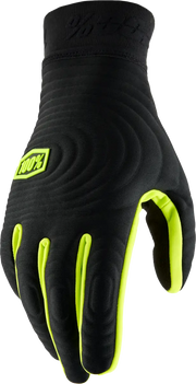 Black and fluo yellow Brisker Xtreme Gloves by Shopify, designed for RV, automotive, powersports, off-road, marine enthusiasts; featuring insulated soft-shell, moisture-wicking interior, silicone printed palm for grip, extended cuff for coverage, and tech thread for digital connectivity.