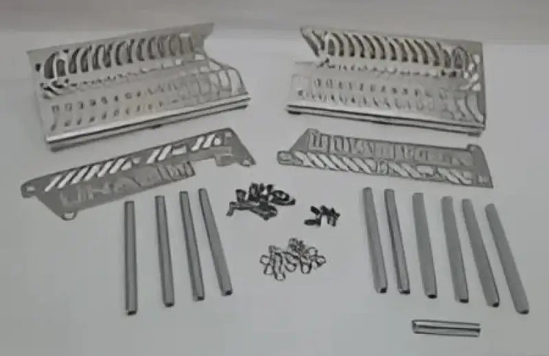 Disassembled Unabiker Radiator Guard Beta Black with mounting hardware for Unabiker radiator