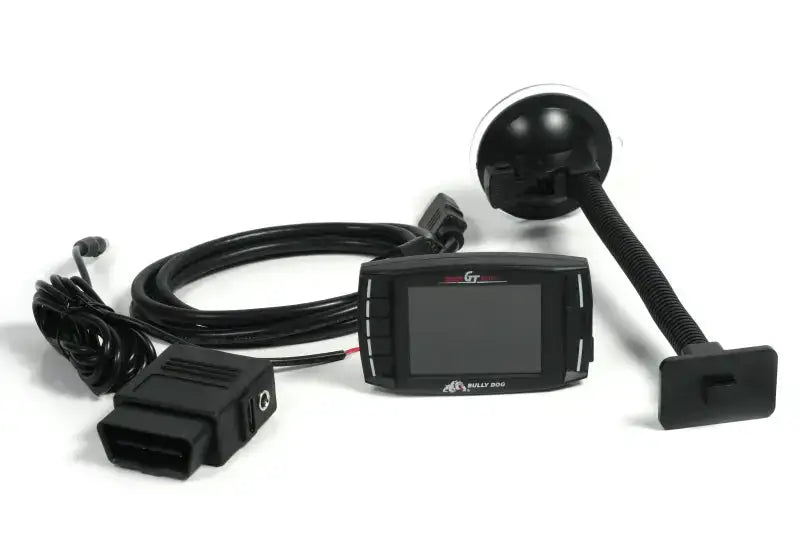 Bully Dog Triple Dog GT Gas Tuner and Gauge with cables and mounting accessory on a white background.
