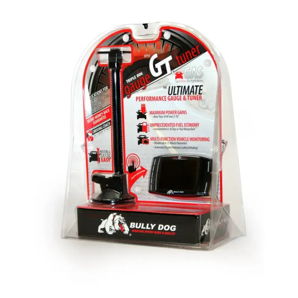 Bully Dog Triple Dog GT Gas Tuner and Gauge in packaging, highlighting features like maximum power gains, improved fuel economy, and multi-function vehicle monitoring.