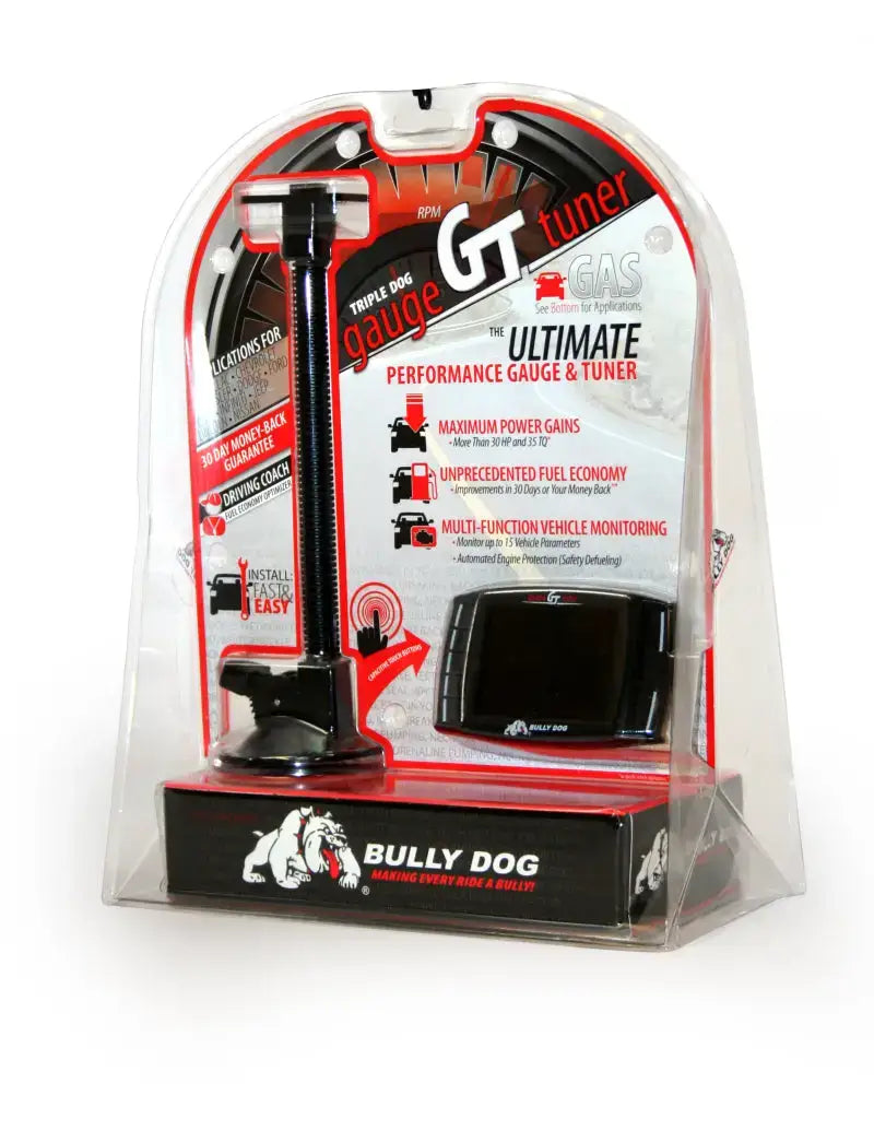 Bully Dog Triple Dog GT Gas Tuner and Gauge in packaging, highlighting features like maximum power gains, improved fuel economy, and multi-function vehicle monitoring.
