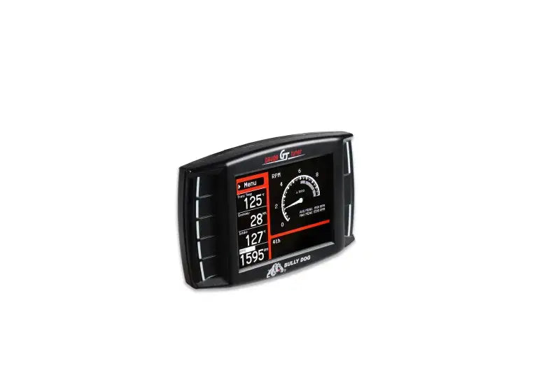Bully Dog Triple Dog GT Gas Tuner and Gauge, displaying multiple car performance metrics on its screen.