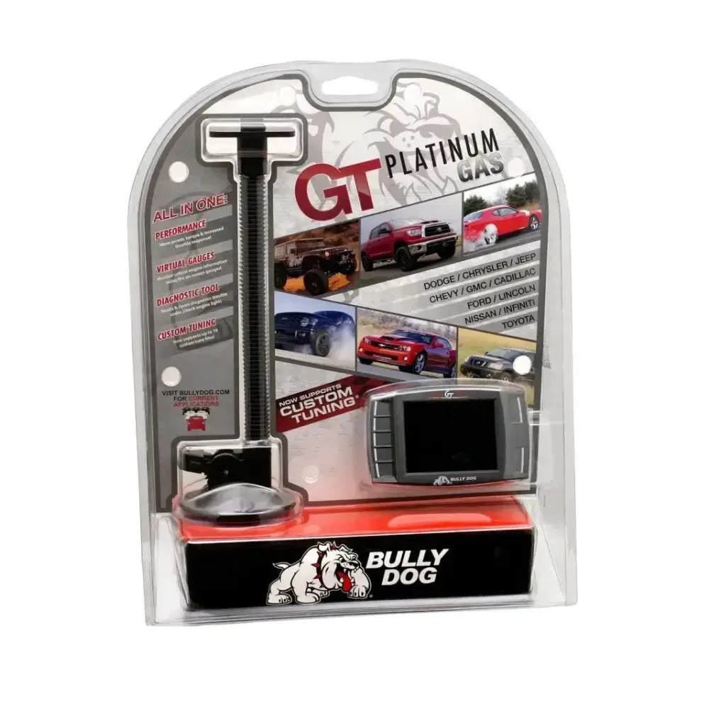 Bully Dog Triple Dog Platinum GT Gas Tuner and Gauge in retail packaging showcases the tuning device and monitor with features listed, designed for multiple vehicle brands including Dodge, Ford, Jeep, and Toyota.