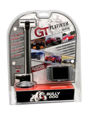 Bully Dog Triple Dog Platinum GT Gas Tuner and Gauge in retail packaging showcases the tuning device and monitor with features listed, designed for multiple vehicle brands including Dodge, Ford, Jeep, and Toyota.