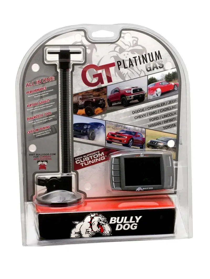 Bully Dog Triple Dog Platinum GT Gas Tuner and Gauge in retail packaging showcases the tuning device and monitor with features listed, designed for multiple vehicle brands including Dodge, Ford, Jeep, and Toyota.