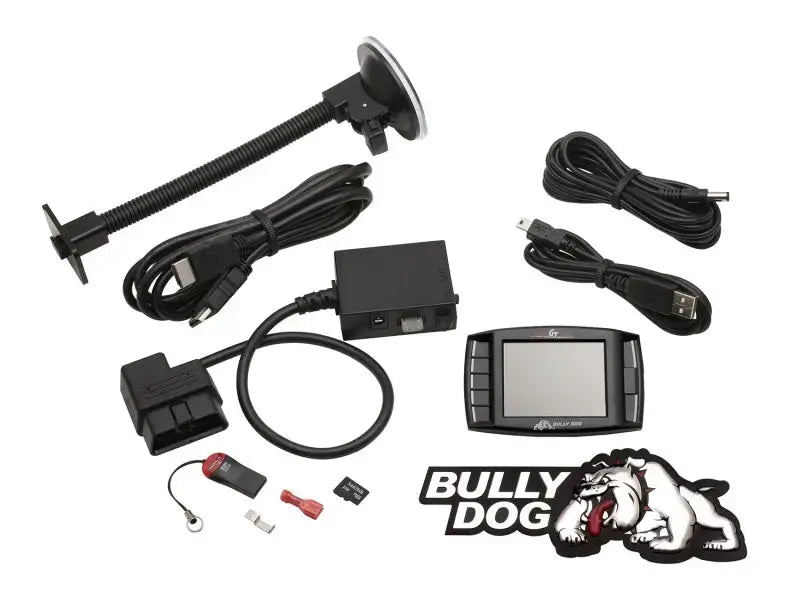 Bully Dog Triple Dog Platinum GT Gas Tuner and Gauge kit with monitor, cables, mount, and accessories.