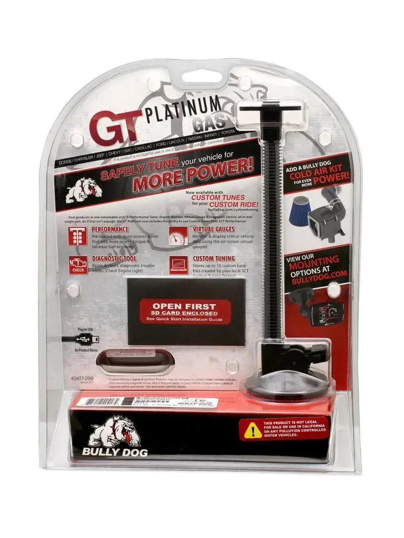 Bully Dog Triple Dog Platinum GT Gas Tuner and Gauge in packaging, featuring engine tuning, monitoring, gauge, and diagnostic functions for various vehicle brands.