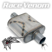 BW0010-C Black Widow Race Venom 3' Center/Center Exhaust Muffler with logo and spider illustration.