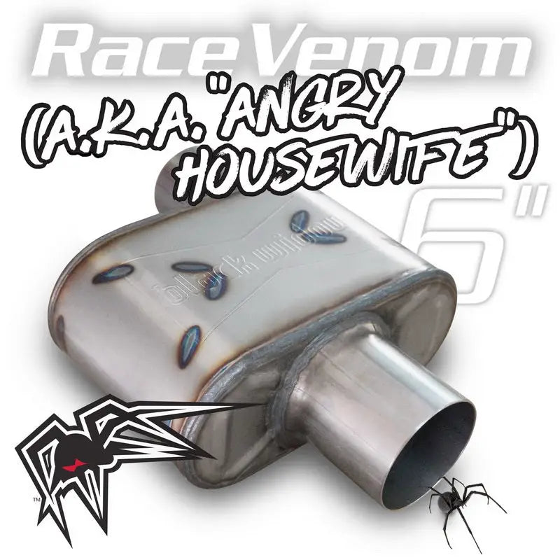 BWAHW25-P Black Widow Race Venom 6' - 2.5' Offset/Center exhaust system, sleek black finish, improves horsepower and torque, deep throaty sound, durable construction, optimized for high-performance vehicles.