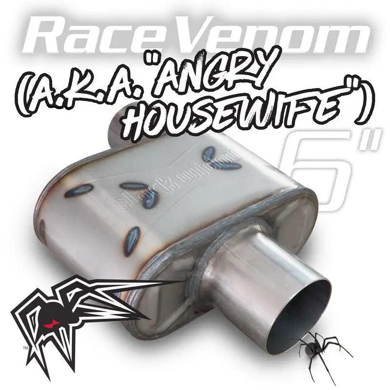 Black Widow Race Venom 6'-3' Offset/Center exhaust system with sleek black finish, ideal for racing performance and vehicle aesthetics.