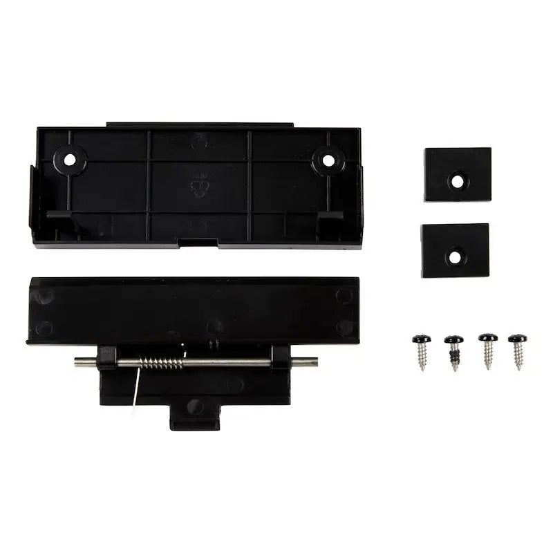 Black plastic door latch parts package with screws and spring clips for Furrion Door Latch