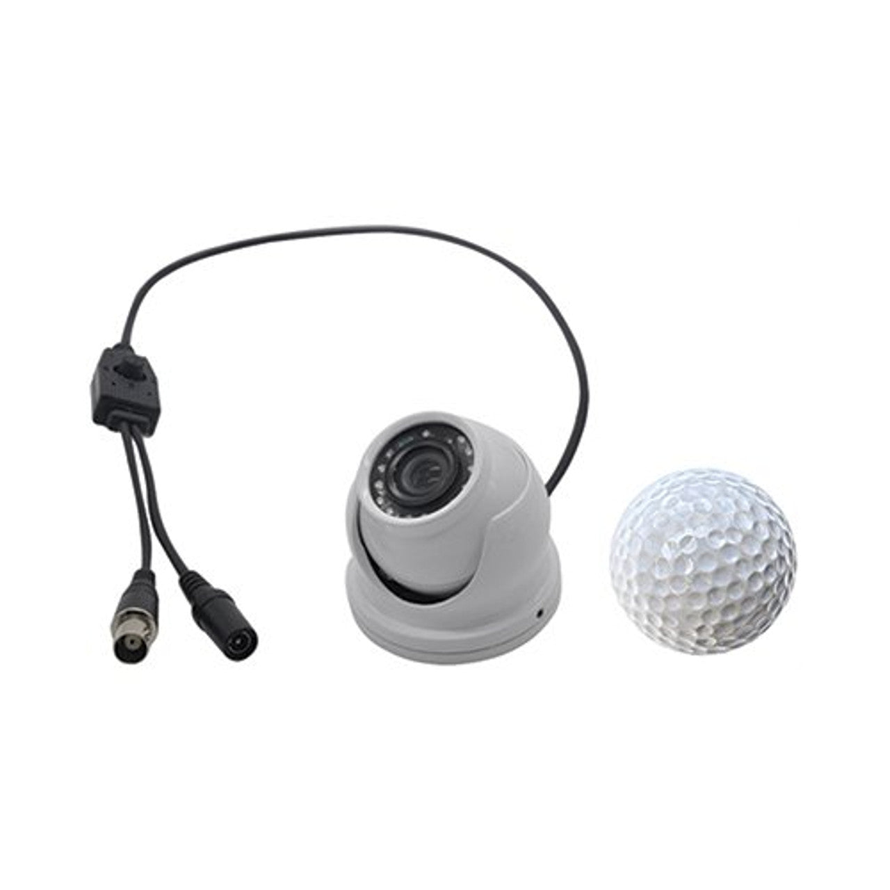 C55 KJM Camera Mini Dome 1000TVL White with compact design and discreet finish, shown alongside a golf ball for size comparison.