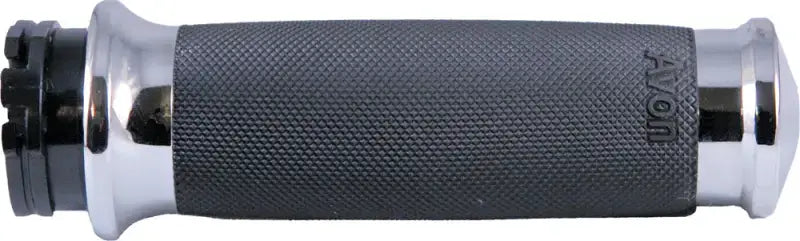 Chrome CC-85-CH Custom Contour Grips Cable Throttle; premium Kraton rubber with serrated texture; 6061 billet aluminum end caps and collars; fits `84-Up H-D models; Avon grips.