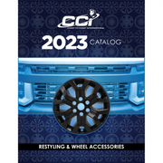 CCI Coast2Coast 2023 Restyling & Wheel Accessories Catalog cover featuring a vehicle grille and a wheel accessory in a modern design.